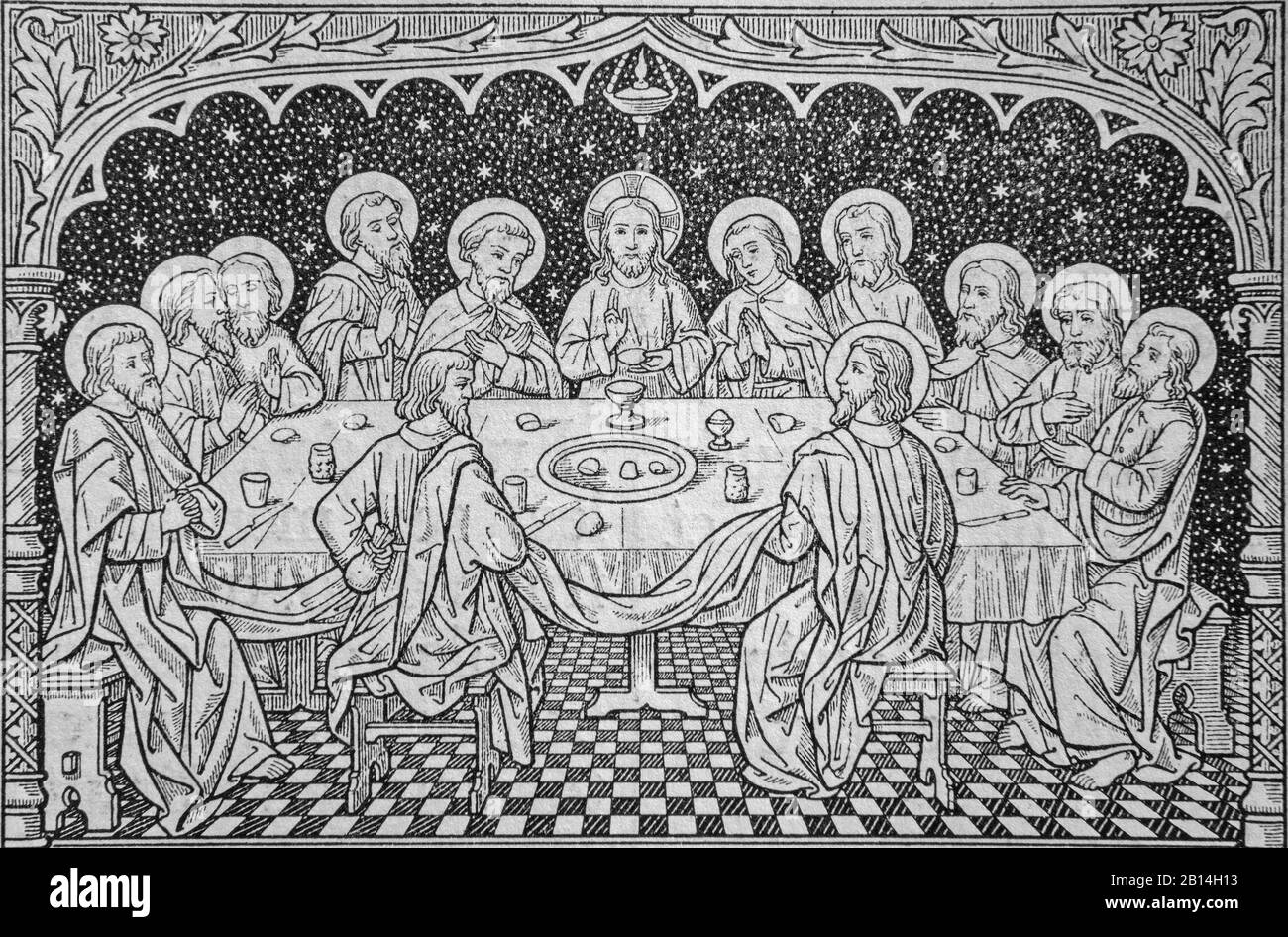 BRATISLAVA, SLOVAKIA, NOVEMBER - 11, 2010: The lithography of Last Supper in the old liturgical book from end of 19. cent. Stock Photo