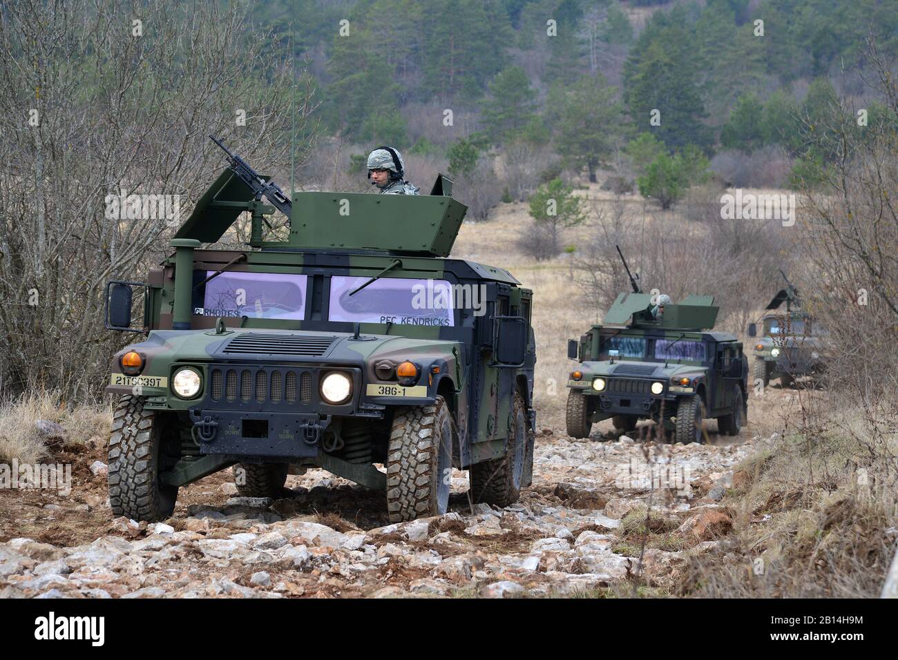 U.S. Army soldiers, assigned to the 16th Sustainment Brigade, are preparing for convoy live fire exercise during the Vanguard Proof at Pocek Range in Postonja, Slovenia, Mar. 19, 2017. Units in the battalion have come together from four separate bases in Germany and Italy to conduct this training event. Exercise Vanguard Proof is a combined exercise between the 16th Sustainment Brigade and the Slovene Armed Forces focused on enhancing interoperability NATO operational standards and developing individual technical skills. (U.S. Army photo by Visual Information Specialist Paolo Bovo/Released) Stock Photo