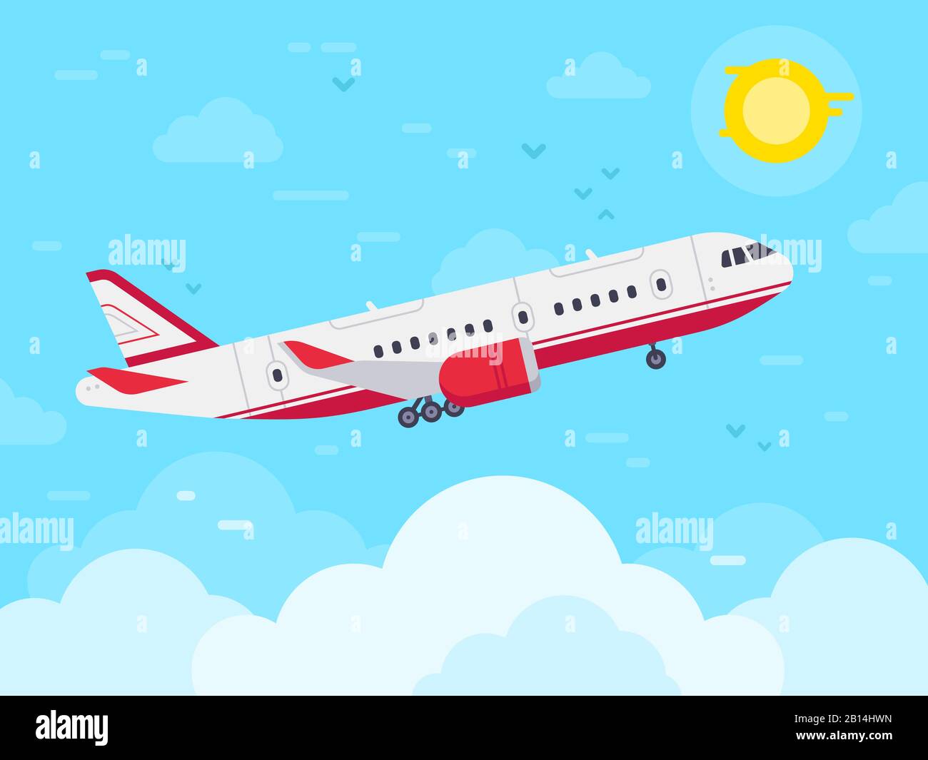 Airplane flying in sky. Jet plane fly in clouds, airplanes travel and vacation aircraft flat vector illustration Stock Vector