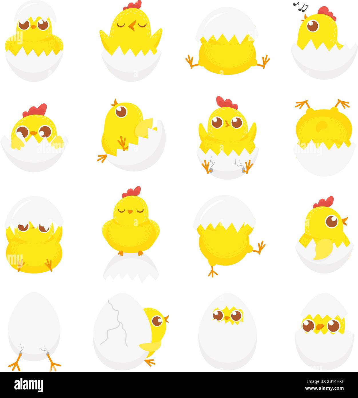 Cute chicken in egg. Easter baby chick, newborn chickens in eggshell and farm kids chicks isolated cartoon vector illustration set Stock Vector