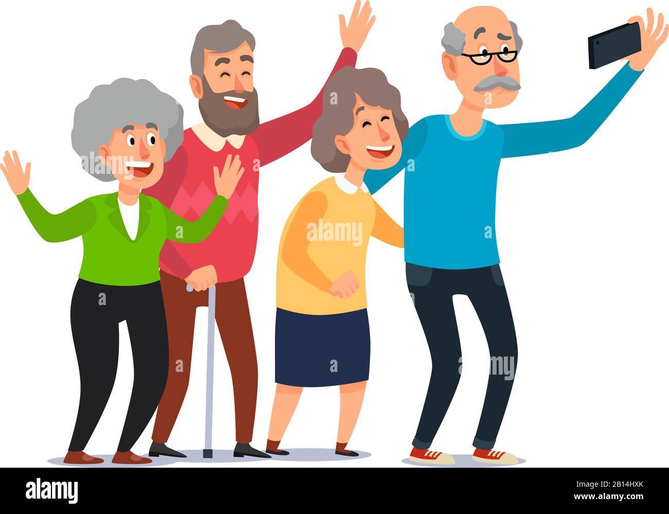 Old people selfie. Senior people taking smartphone photo, happy laughing group of seniors cartoon illustration Stock Vector