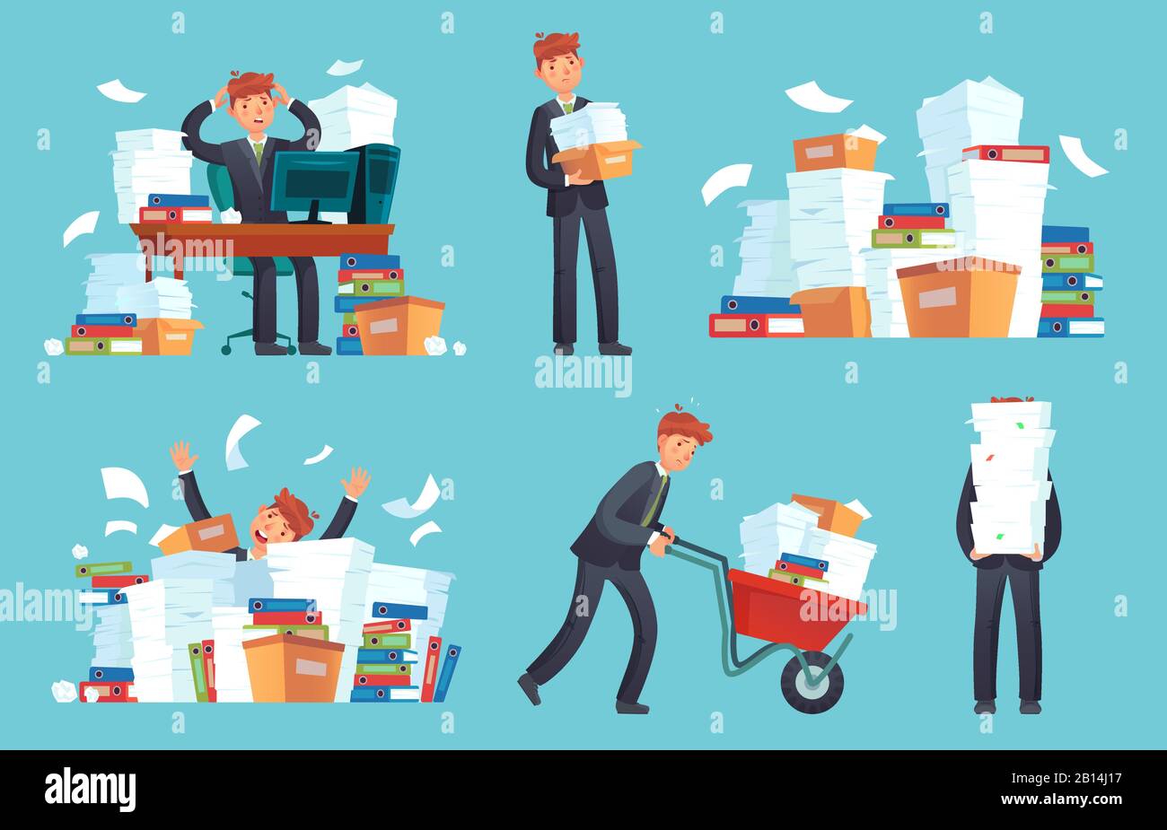 Unorganized office papers. Businessman overwhelmed work, messy paper documents pile and files stack cartoon vector illustration Stock Vector