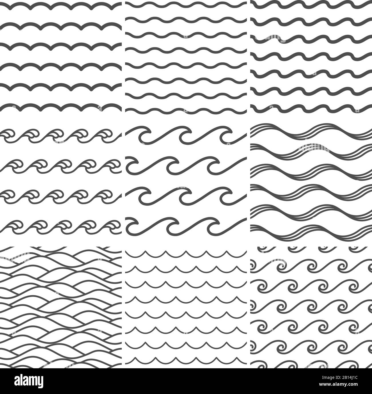Seamless water waves pattern. Sea wave, ocean waters and wavy lake. Aqua patterns vector background collection Stock Vector
