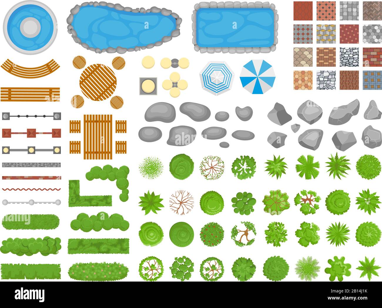 Top view park items. Garden walkway, outdoor relaxing parks furniture and gardens trees aerial isolated vector illustration set Stock Vector