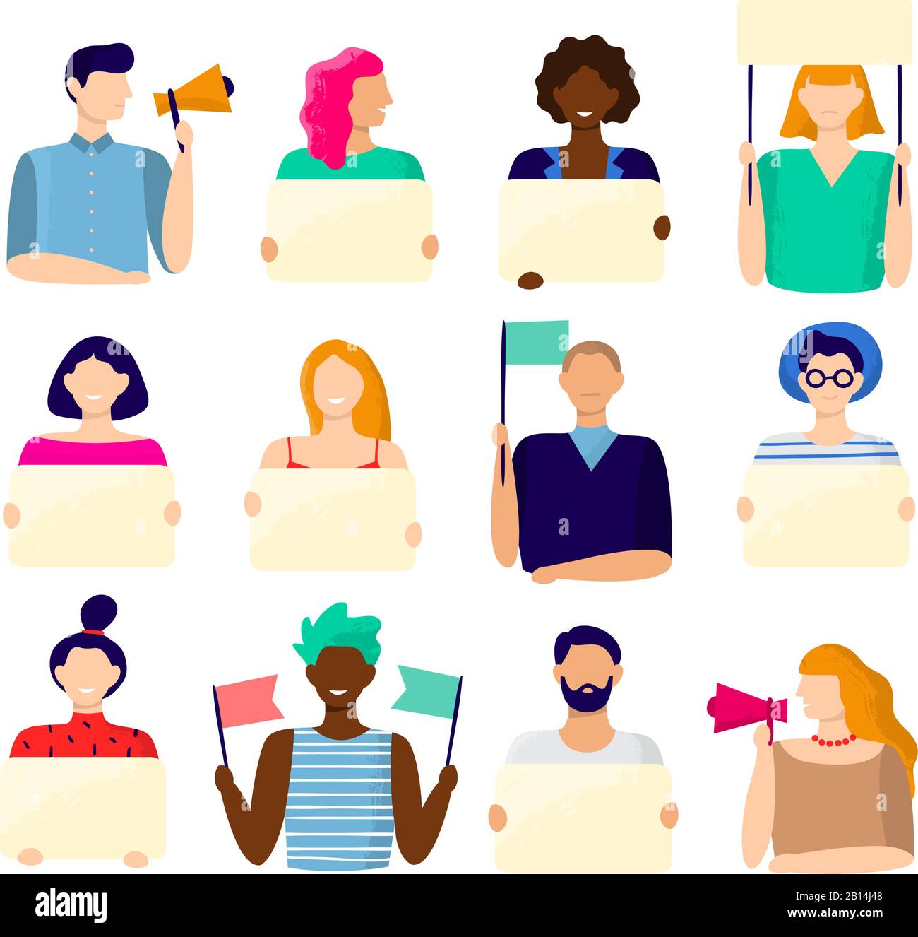 Activist holding placard. Protest active people, male and female hold poster and protesting activists vector illustration bundle Stock Vector