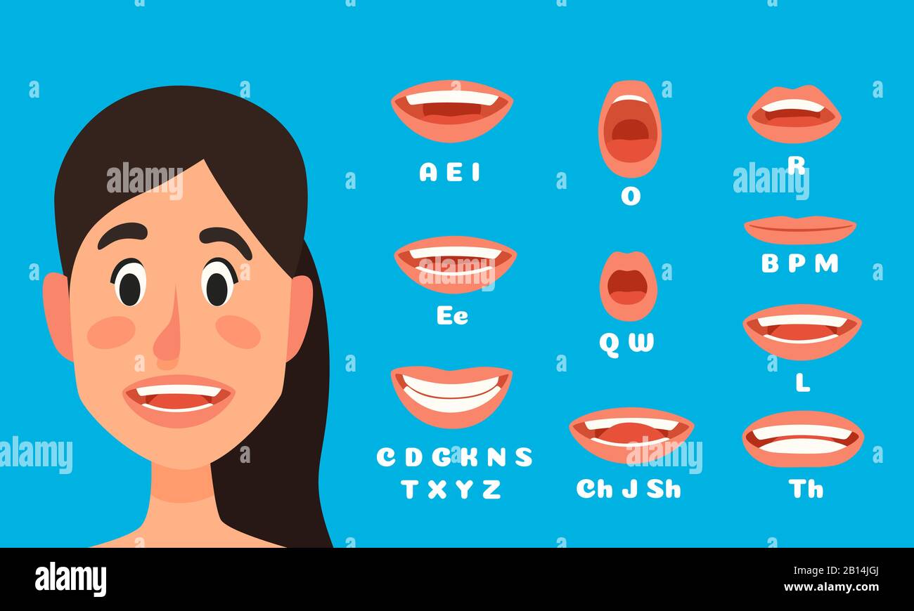 Talking woman mouth animation. Female character talking, speak mouths expressions and lip sync speaking animations vector illustration Stock Vector