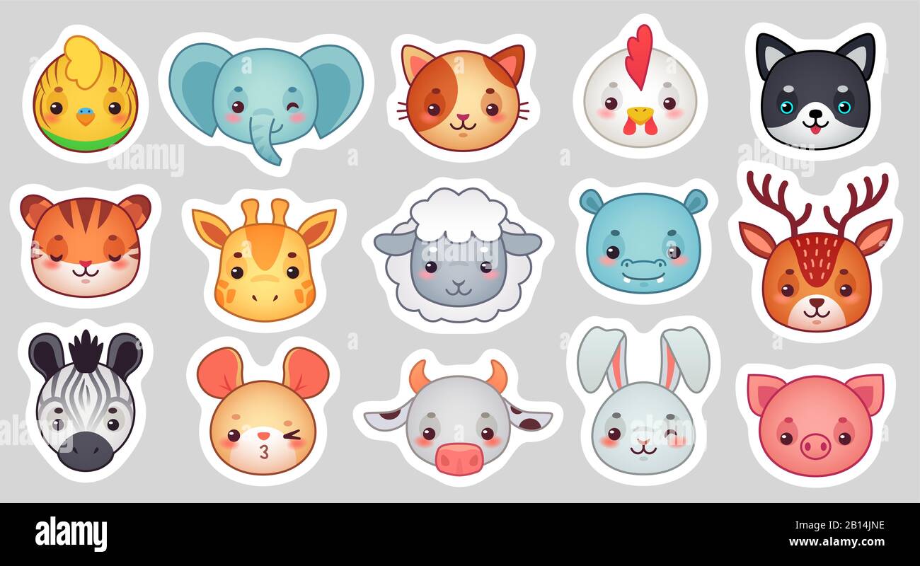 Cute animal stickers. Smiling adorable animals faces, kawaii sheep and funny chicken cartoon vector illustration set Stock Vector