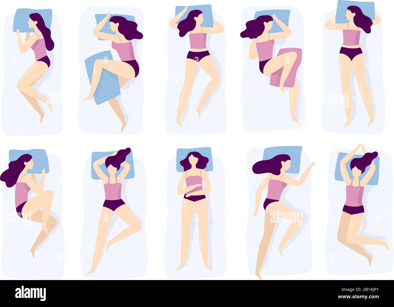 Girl sleeping poses. Various sleep pose with hand on pillow case. Sleep