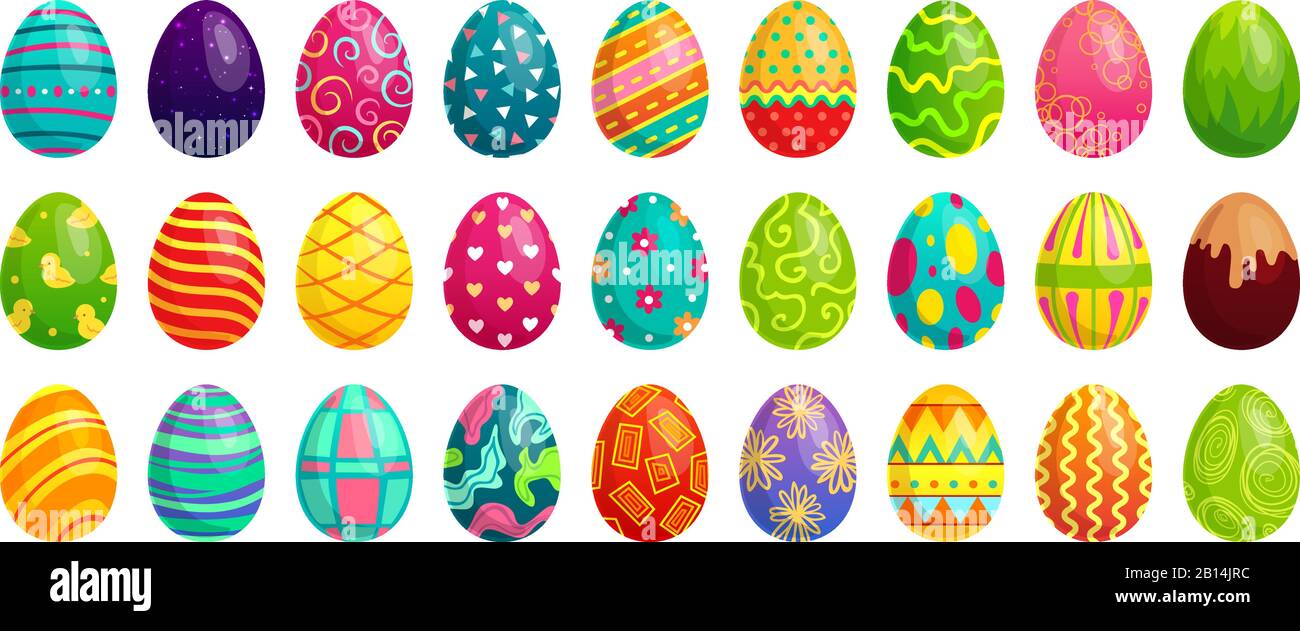 Easter eggs. Spring colorful chocolate egg, cute colored patterns and happy easter decoration cartoon vector set Stock Vector