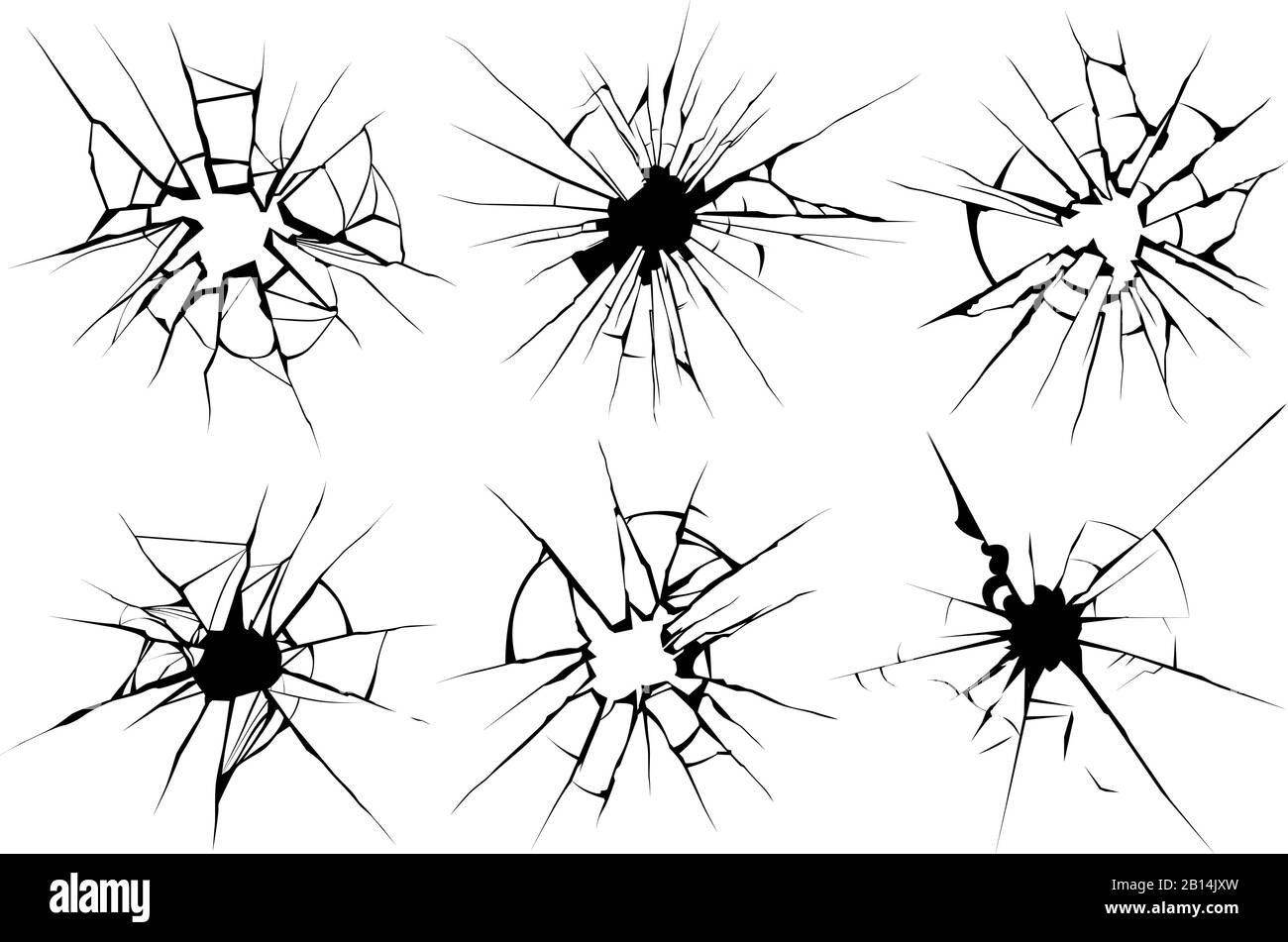 Cracked glass. Broken window, shattered glassy surface and break windshield glass texture silhouette vector illustration set Stock Vector