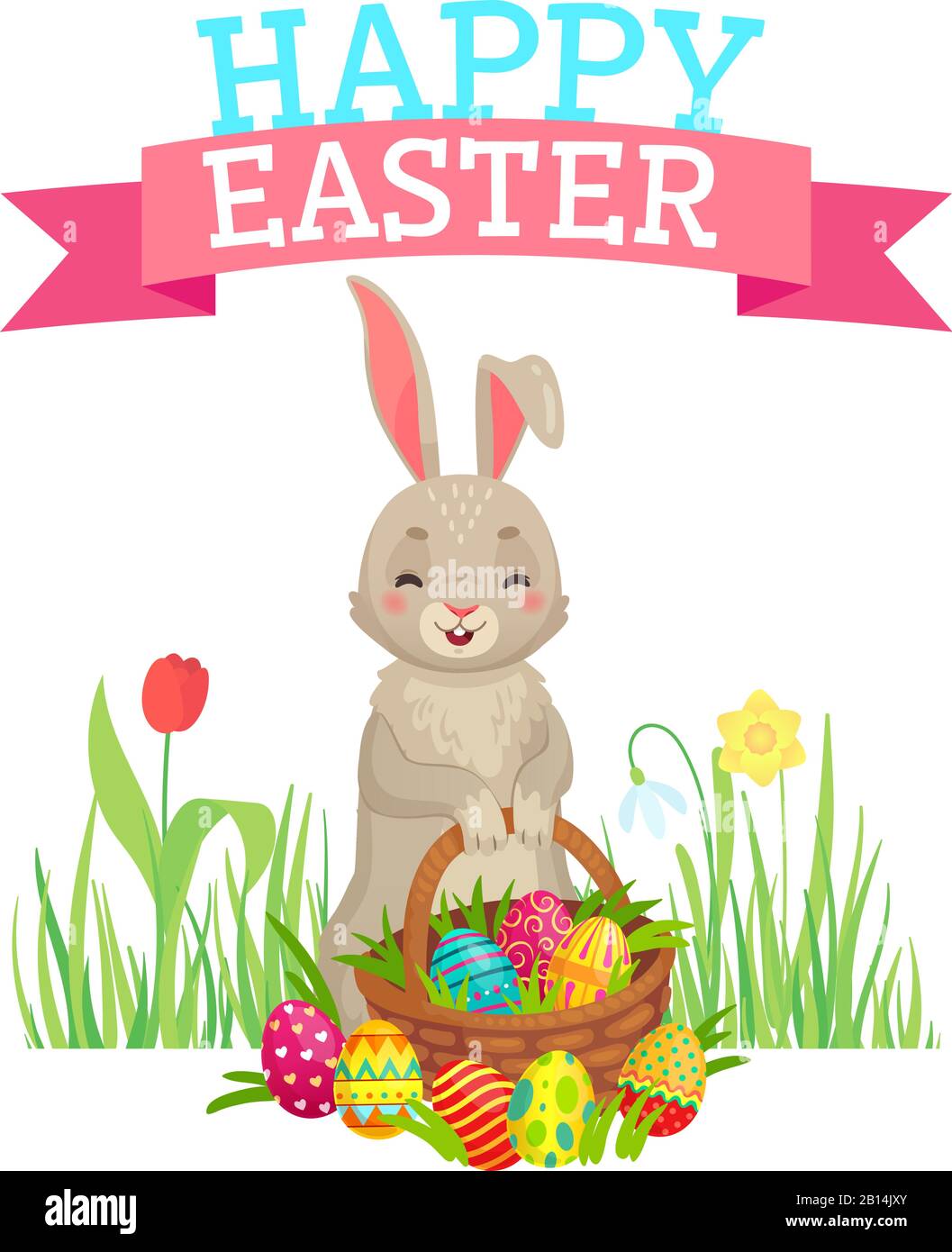 Easter greeting card. Cute bunny, colorful eggs and spring flowers ...