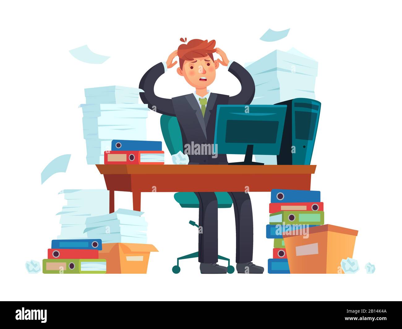 Manager overworked. Office overwork, unorganized paperwork and business work document sheets piles cartoon illustration Stock Vector