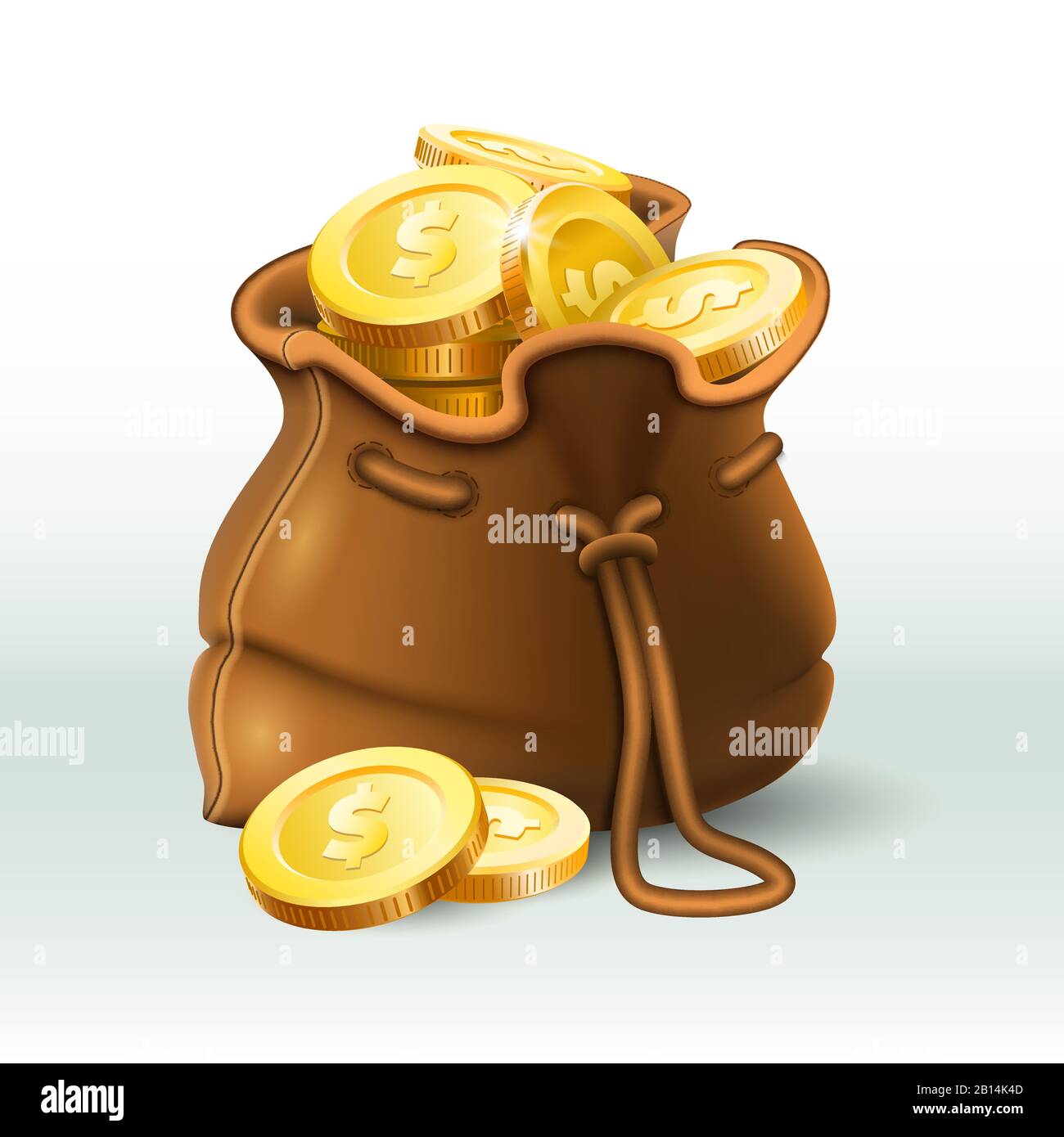 Golden coins bag. Gold coin in old antique sack, saving money purse and gold wealth 3D realistic vector illustration Stock Vector