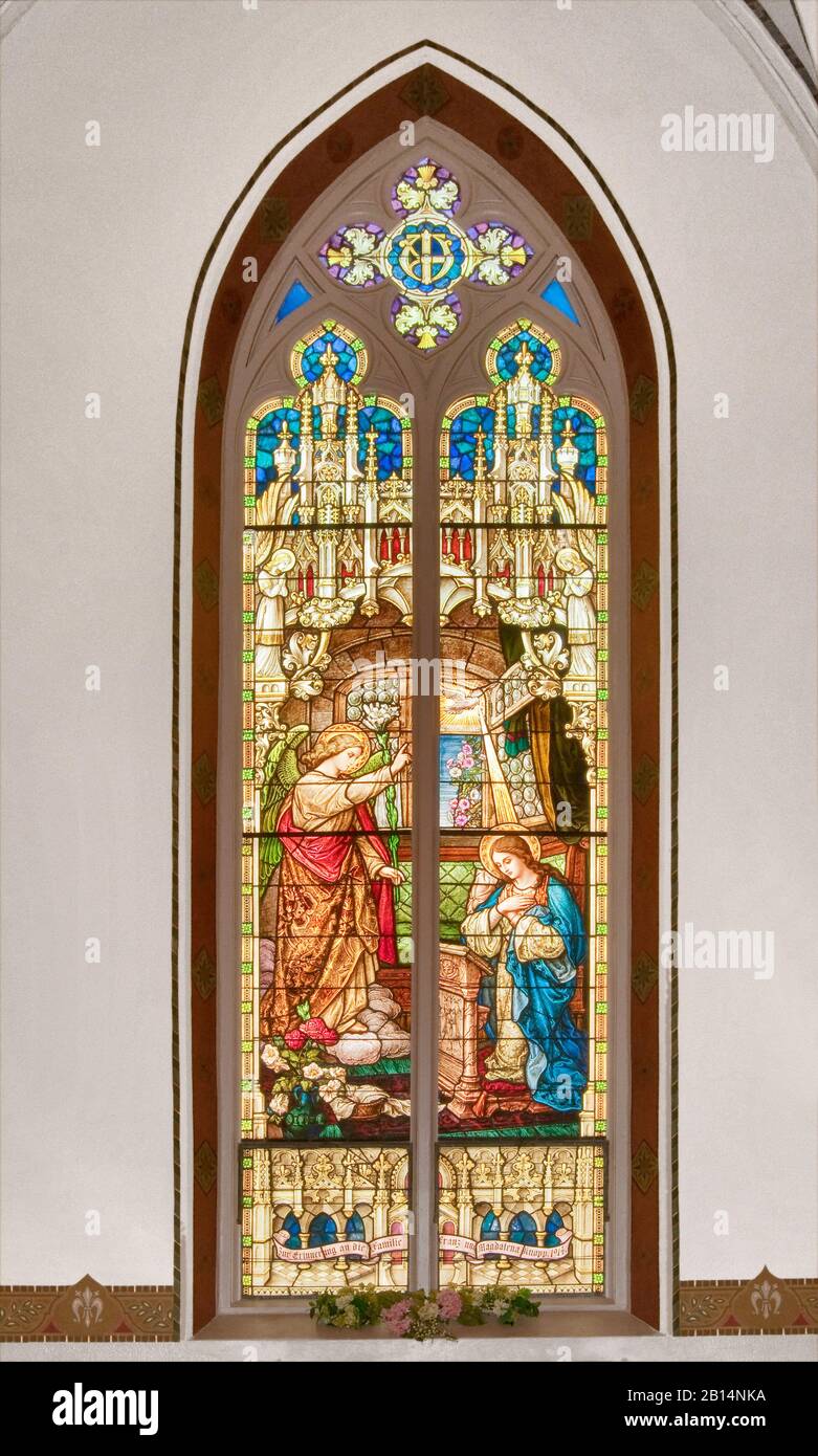 Annunciation, stained glass window at St. Mary Catholic Church, built 1906, in Fredericksburg, Texas, USA Stock Photo