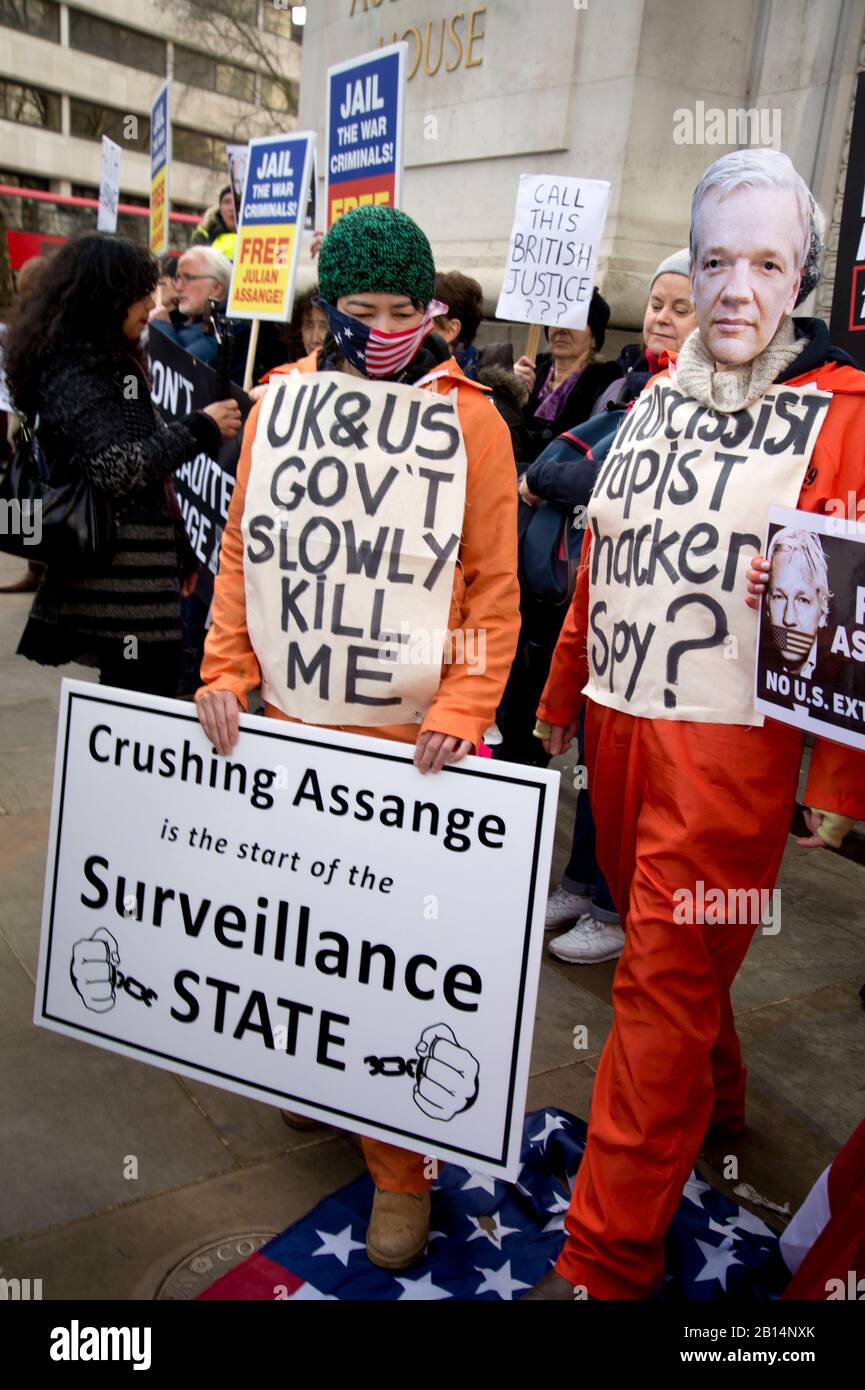 London February 22nd 2020. Rally outside the Australian Embassy to oppose extradition to the United States of Julian Assange who is in Belmarsh prison Stock Photo