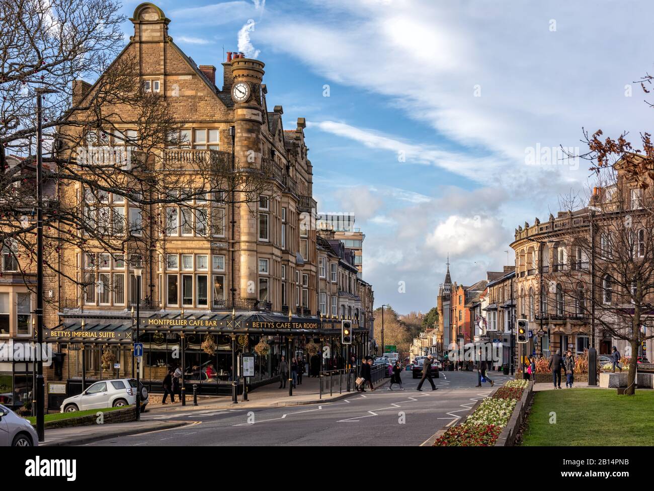 Harrogate main street with famous Betty's Tea Rooms, North Yorkshire,England, United Kingdom Stock Photo