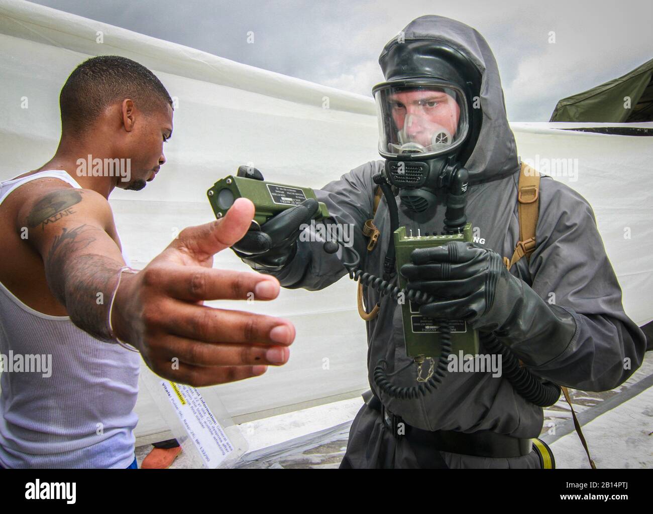 U.S. Army Spc. Nicholas Threatte, a chemical decontamination specialist and native of Darlington, South Carolina, assigned to the Army Reserve 413th Chemical Company, 457th Chemical Battalion, 415th Chemical Brigade, Task Force 76, checks radiation levels on a simulated victim of a chemical attack during a training exercise at Homestead Miami Speedway, Homestead, Florida, Jan. 24, 2019, as part of Operation Homestead 19. Nearly 300 Army Reserve Soldiers assigned to Task Force 76 along with more than 100 personnel from the Miami-Dade Fire Department and several other civilian agencies spent the Stock Photo