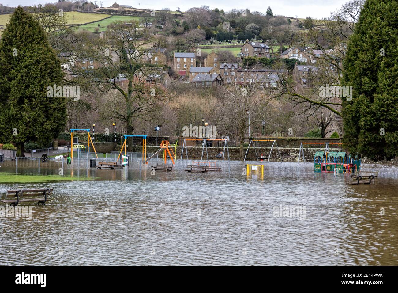 Children's Playground flooded after storms, Pateley Bridge, North Yorkshire, England, United Kingdom Stock Photo