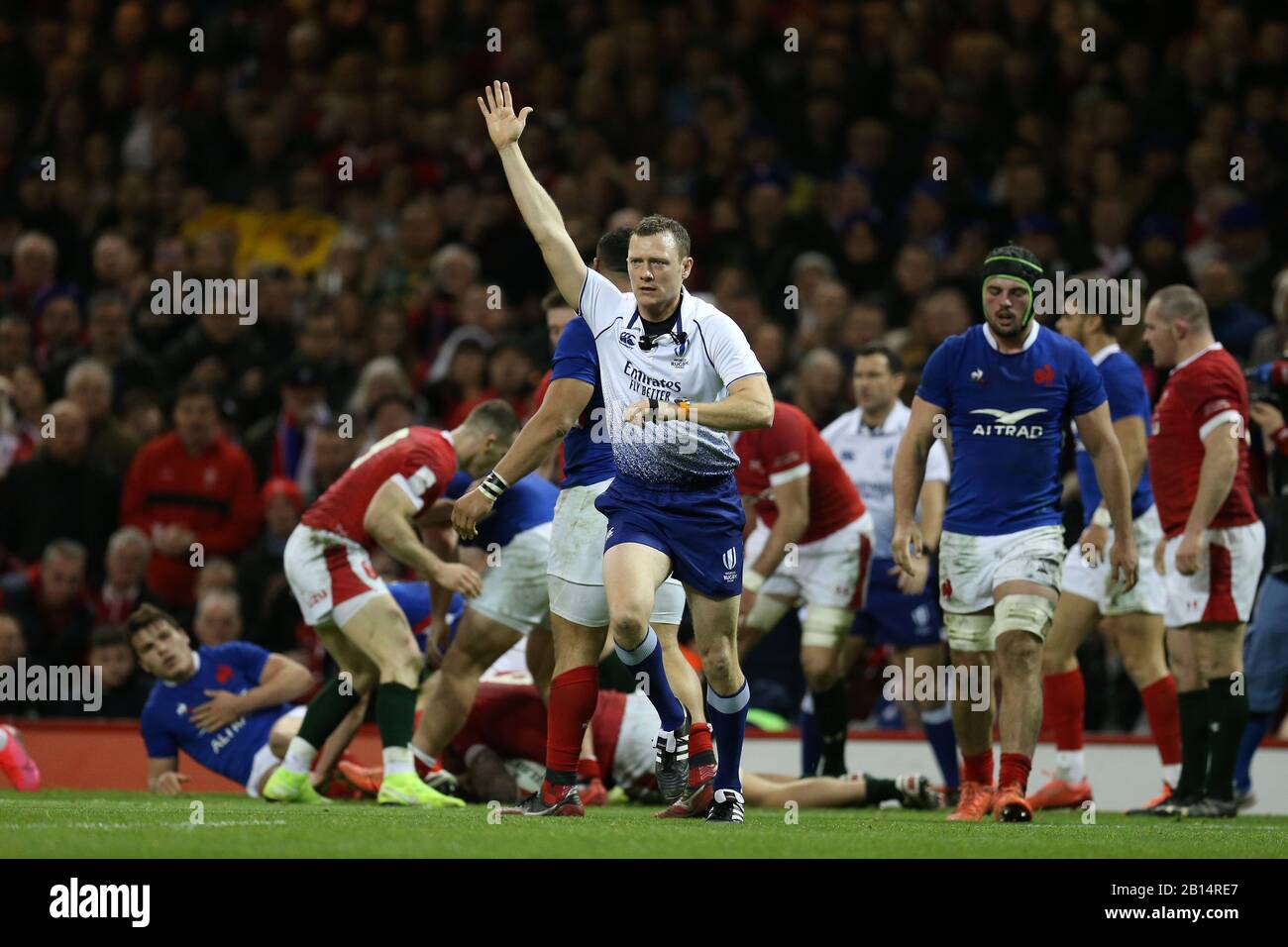 Cardiff, UK. 22nd Feb, 2020. Referee Matthew Carley. Wales v France, Guinness Six Nations championship 2020 international rugby match at the Principality Stadium in Cardiff, Wales, UK on Saturday 22nd February 2020. pic by Andrew Orchard/Alamy Live News PLEASE NOTE PICTURE AVAILABLE FOR EDITORIAL USE ONLY Stock Photo