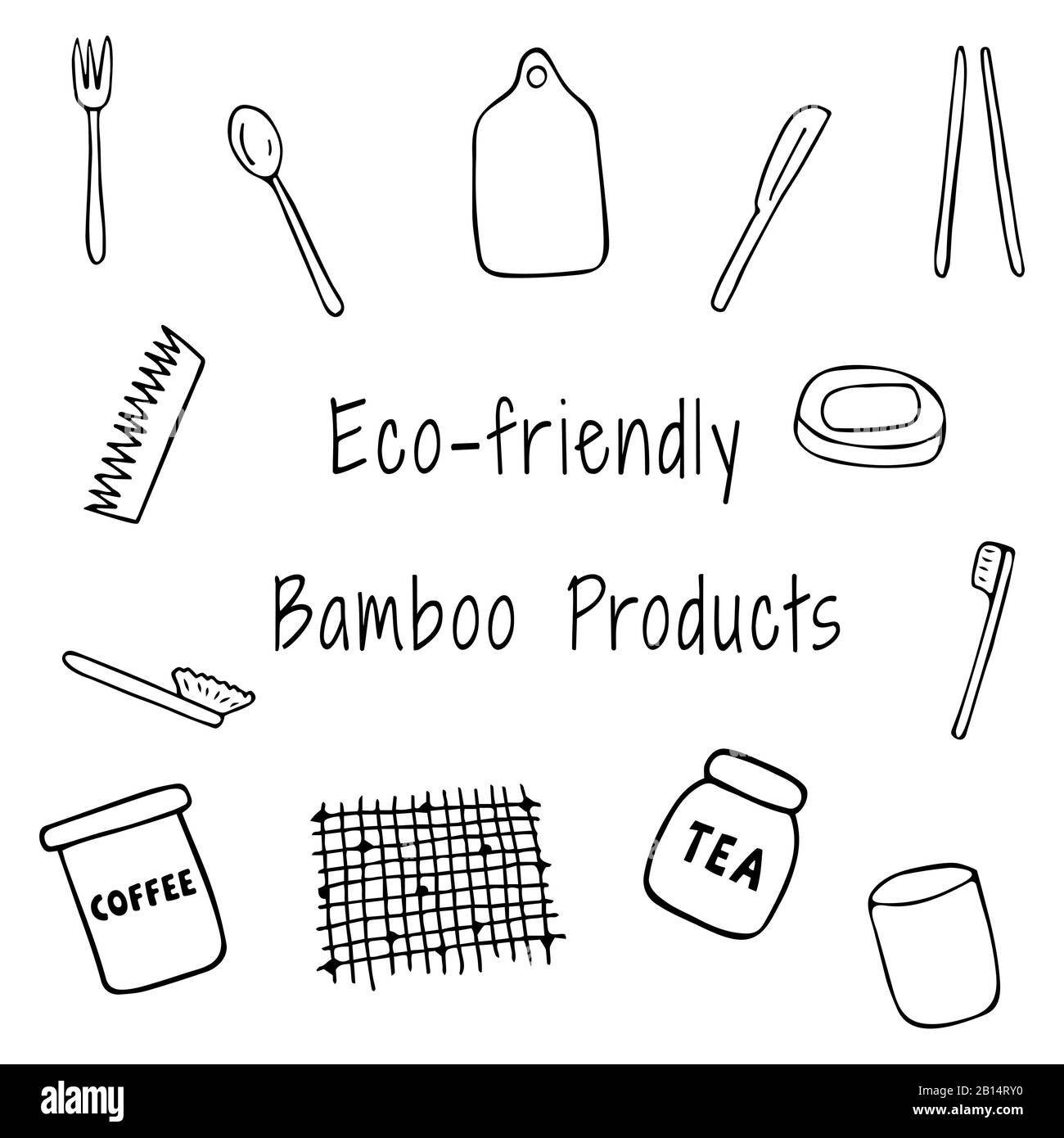 Set eco-friendly bamboo products doodle illustration. A glass, a stand for soap, soap, a toothbrush, fork, spoon, knife, bamboo sticks, comb, cup, rug Stock Vector
