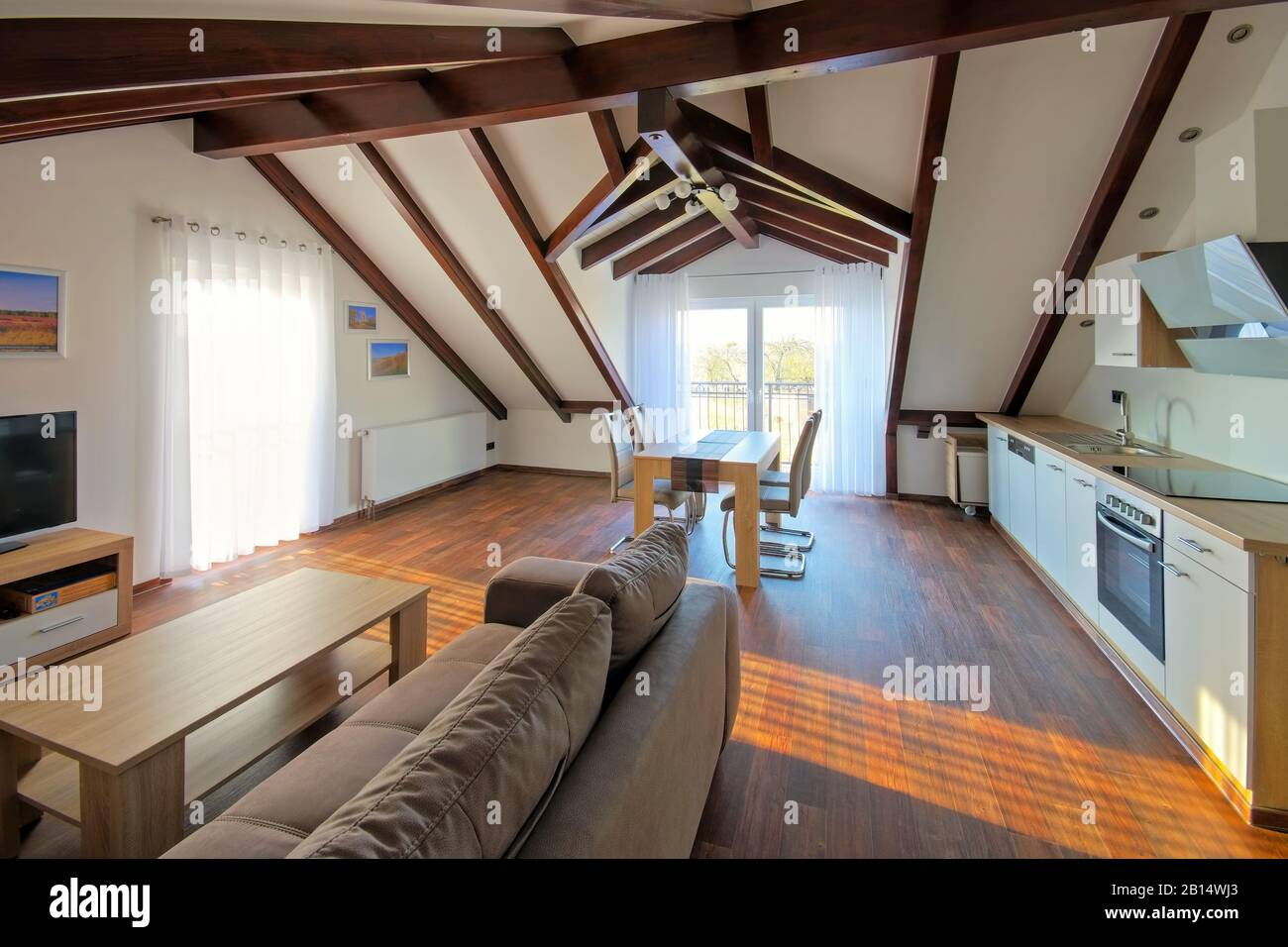 a bright modern open floor plan kitchen Stock Photo