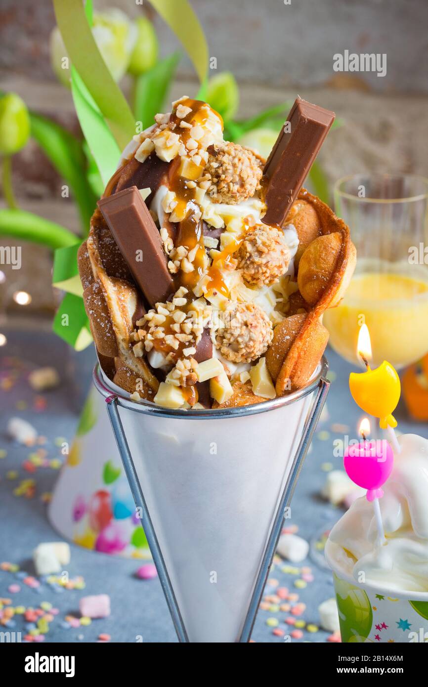 Bubble Waffle with sweets and ice cream Stock Photo Alamy