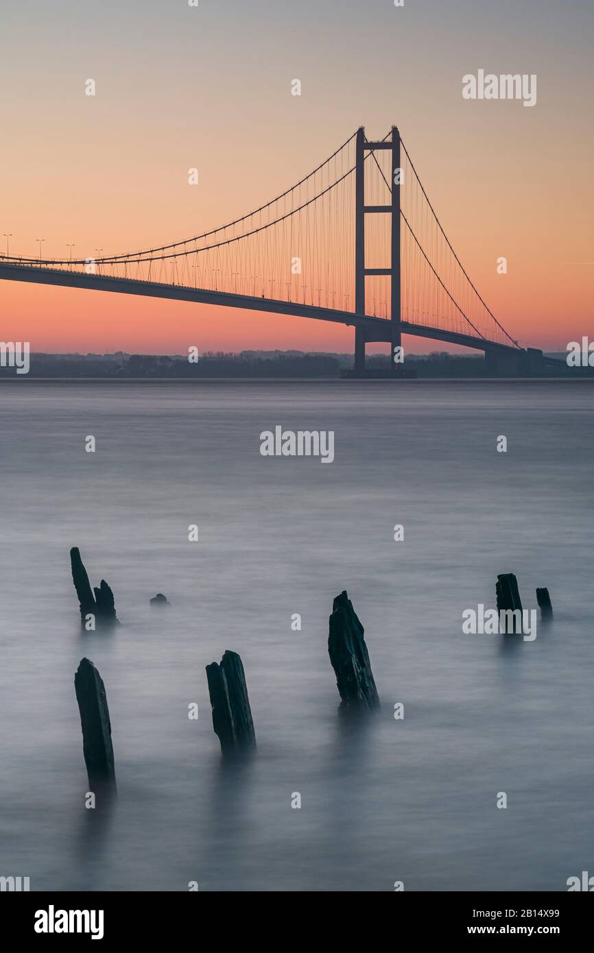 The Humber Bridge,Kingston upon Hull, East Riding of Yorkshire, England, is a 2.22-kilometre single-span road suspension bridge, Stock Photo