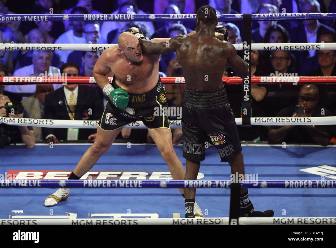 Tyson Fury (left) and Deontay Wilder during the World Boxing Council World Heavy Title bout at the MGM Grand, Las Vegas. Stock Photo
