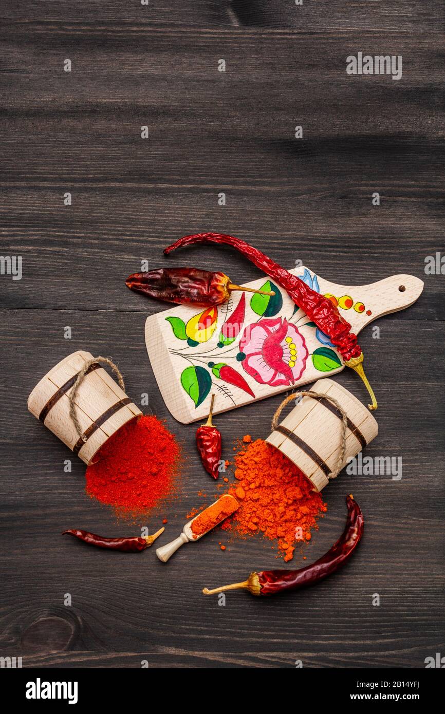 Magyar (Hungarian) red sweet and hot paprika powder. Traditional