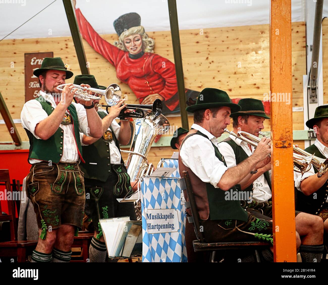 MUNICH, GERMANY - OCTOBER 1, 2019 Brass band playing traditional music in Bavarian costume in a beer tent of Oide Wiesn historical part of the Oktober Stock Photo
