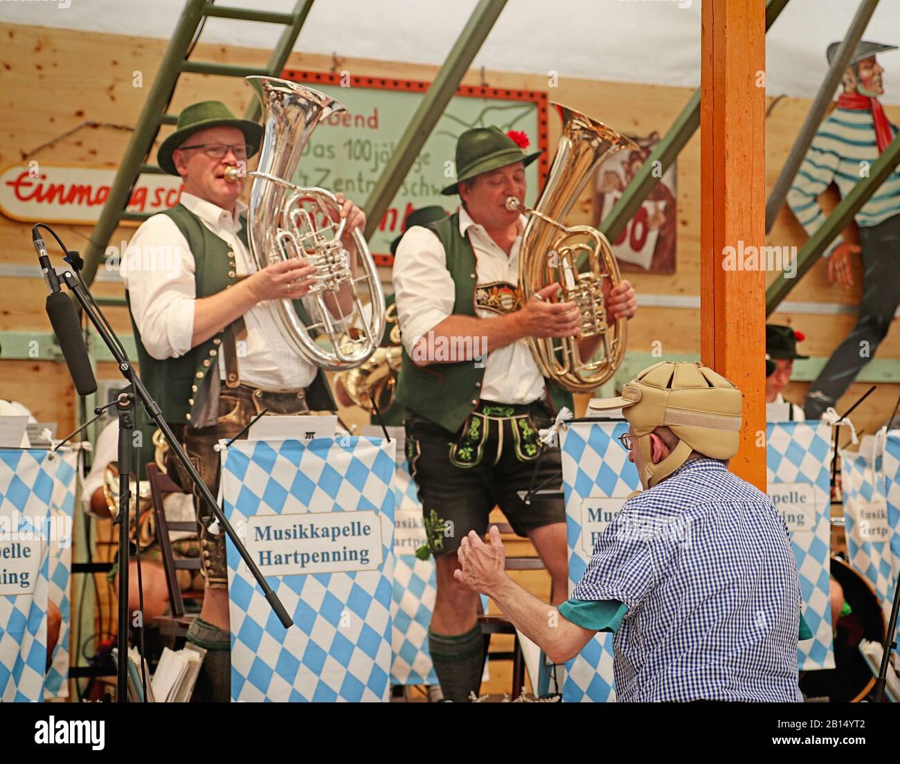 MUNICH, GERMANY - OCTOBER 1, 2019 Brass band playing traditional music in Bavarian costume in a beer tent of Oide Wiesn historical part of the Oktober Stock Photo