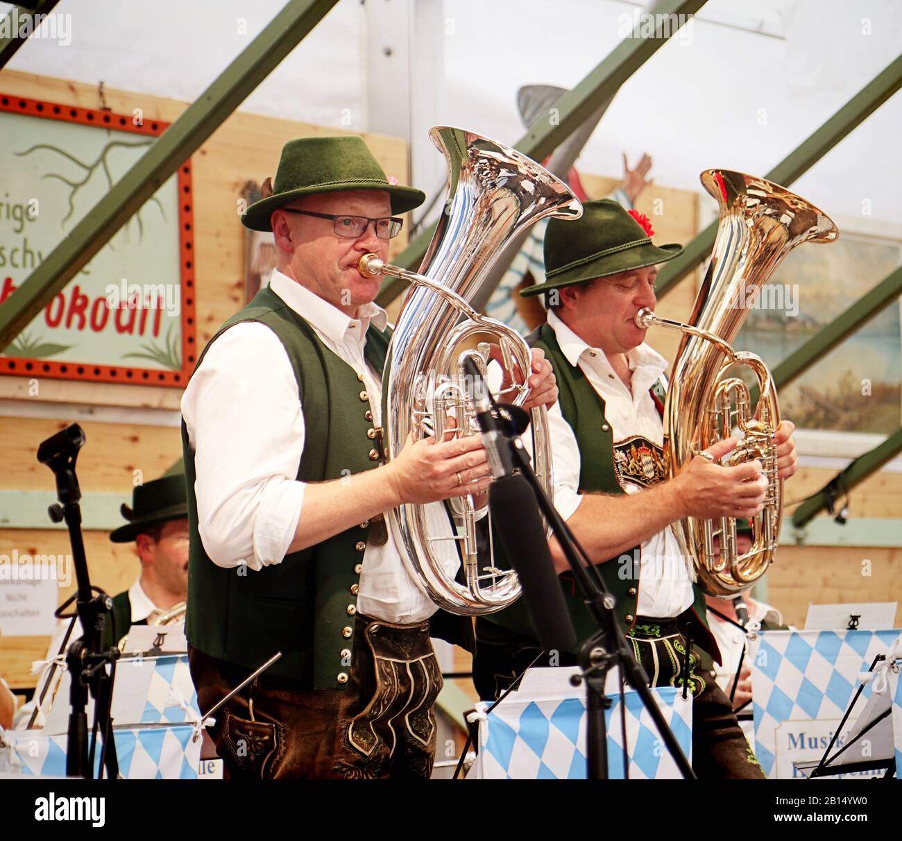 MUNICH, GERMANY - OCTOBER 1, 2019 Brass band playing traditional music in Bavarian costume in a beer tent of Oide Wiesn historical part of the Oktober Stock Photo
