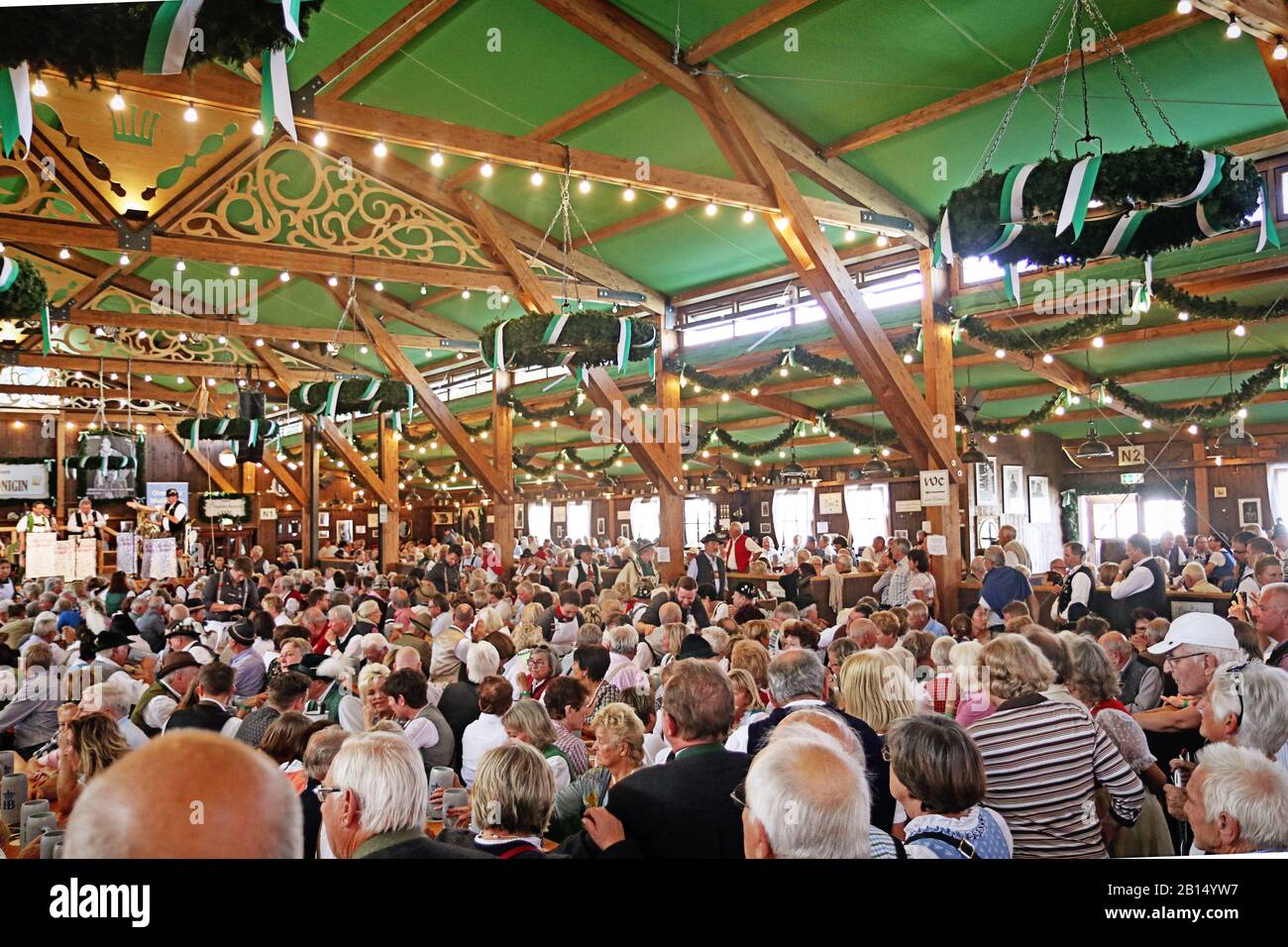 MUNICH, GERMANY - OCTOBER 1, 2019 Beer tent at Oide Wiesn historical part of the Oktoberfest in Munich, family  friendly environment Stock Photo