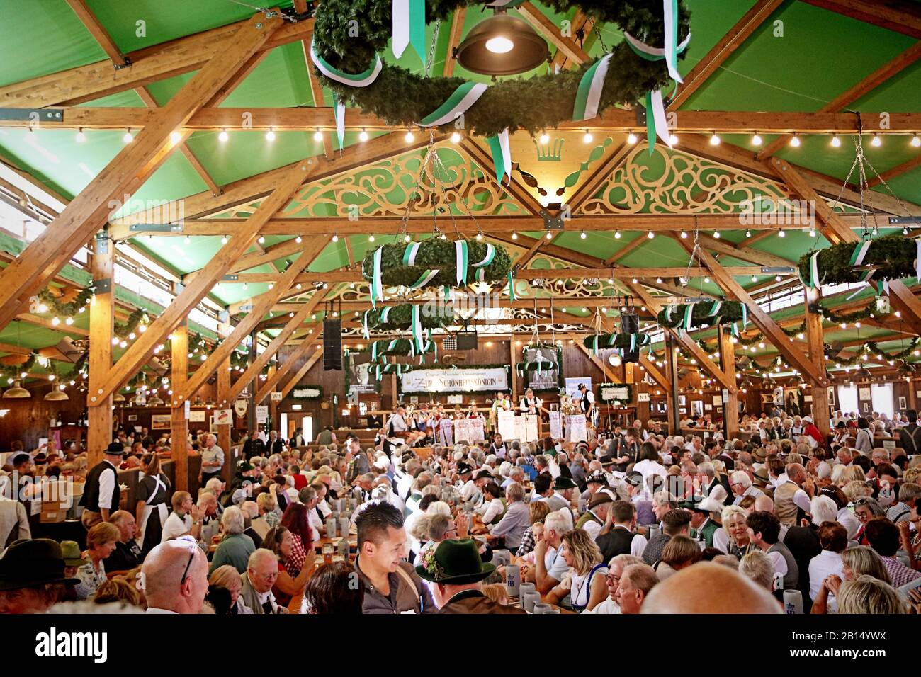 MUNICH, GERMANY - OCTOBER 1, 2019 Beer tent at Oide Wiesn historical part of the Oktoberfest in Munich, family  friendly environment Stock Photo