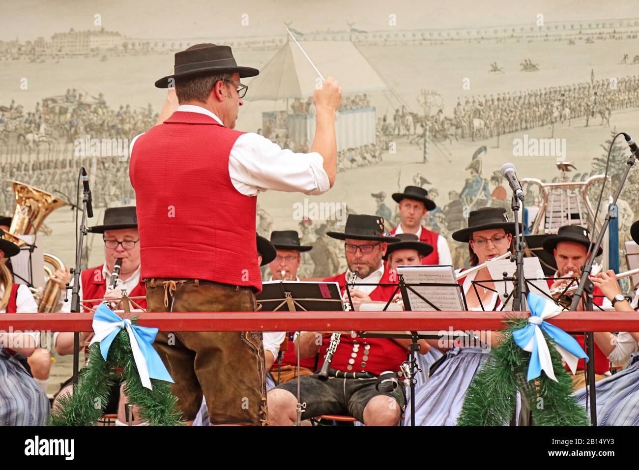 MUNICH, GERMANY - OCTOBER 1, 2019 Brass band playing traditional music in Bavarian costume in a beer tent of Oide Wiesn historical part of the Oktober Stock Photo