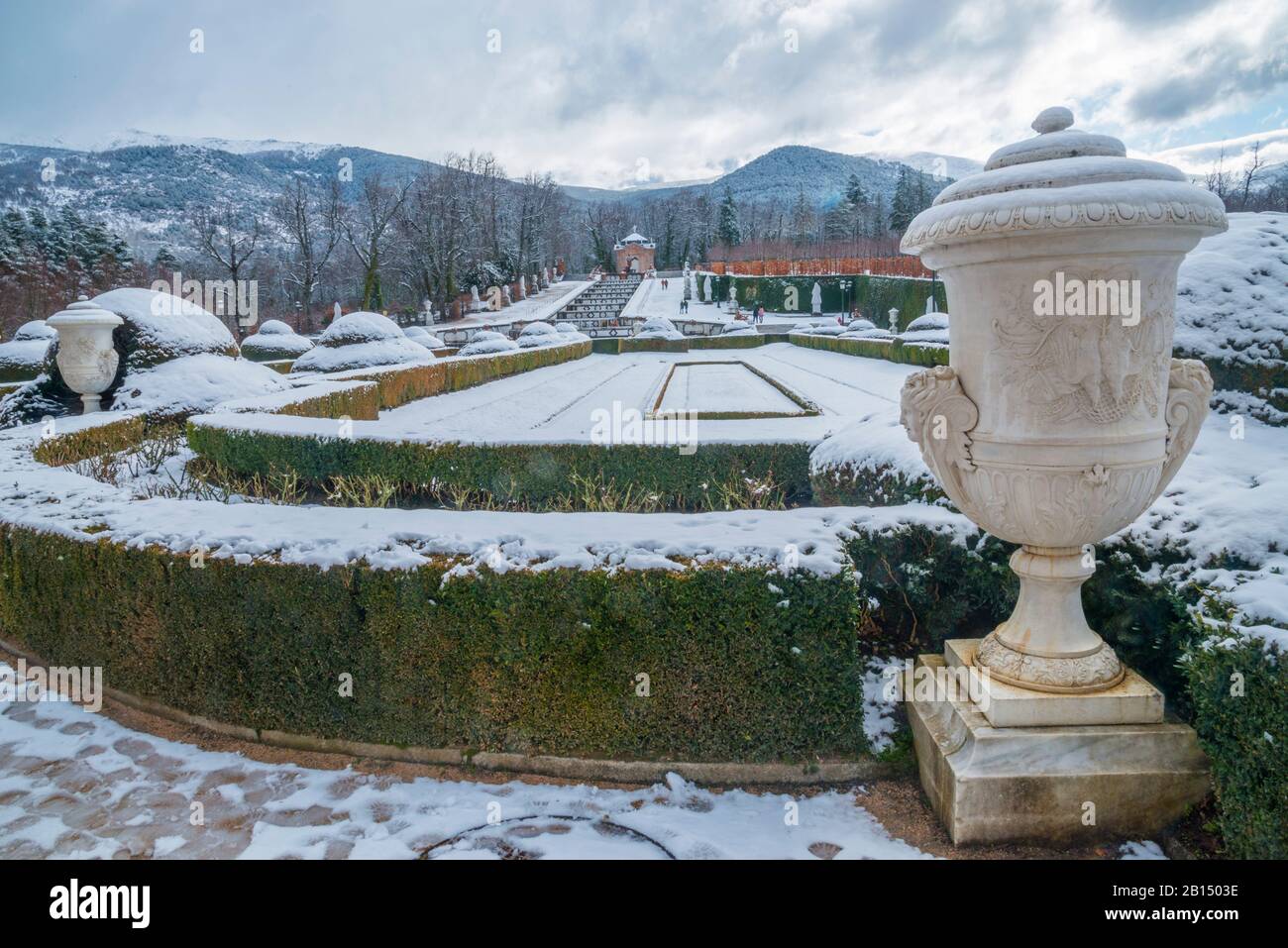 Snow covered gardens. la Granja de San Ildefonso, Segovia province, Castilla Leon, Spain. Stock Photo