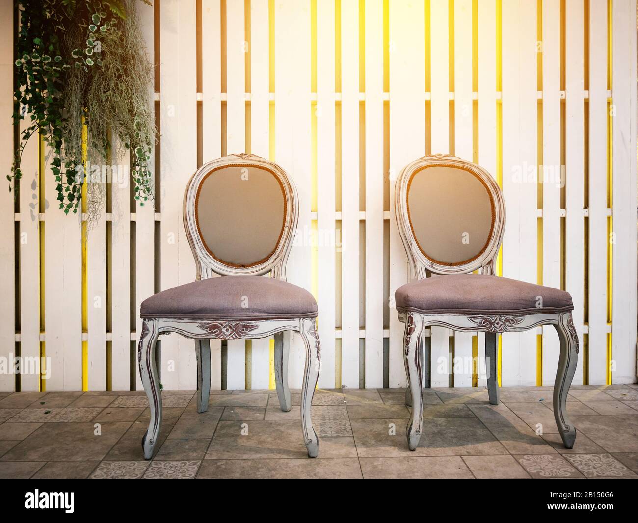 retro vintage grunge chair with copy space - two retro vintage chair against a white wood pallet wall background decorate with hanging ornamental plan Stock Photo