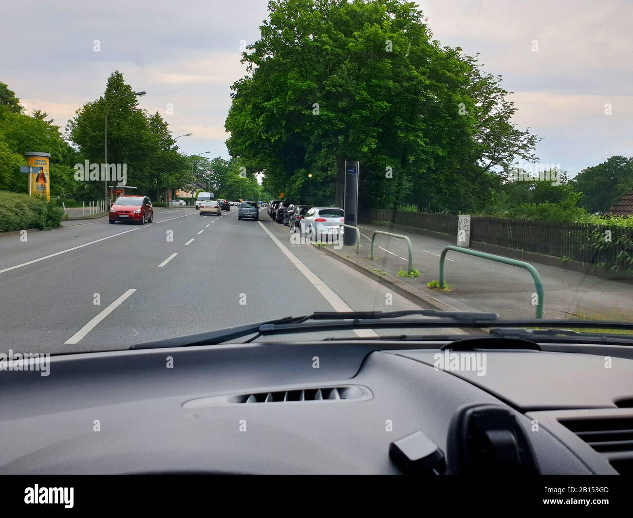 driving car approaching a mobile speed control, Germany, North Rhine-Westphalia Stock Photo