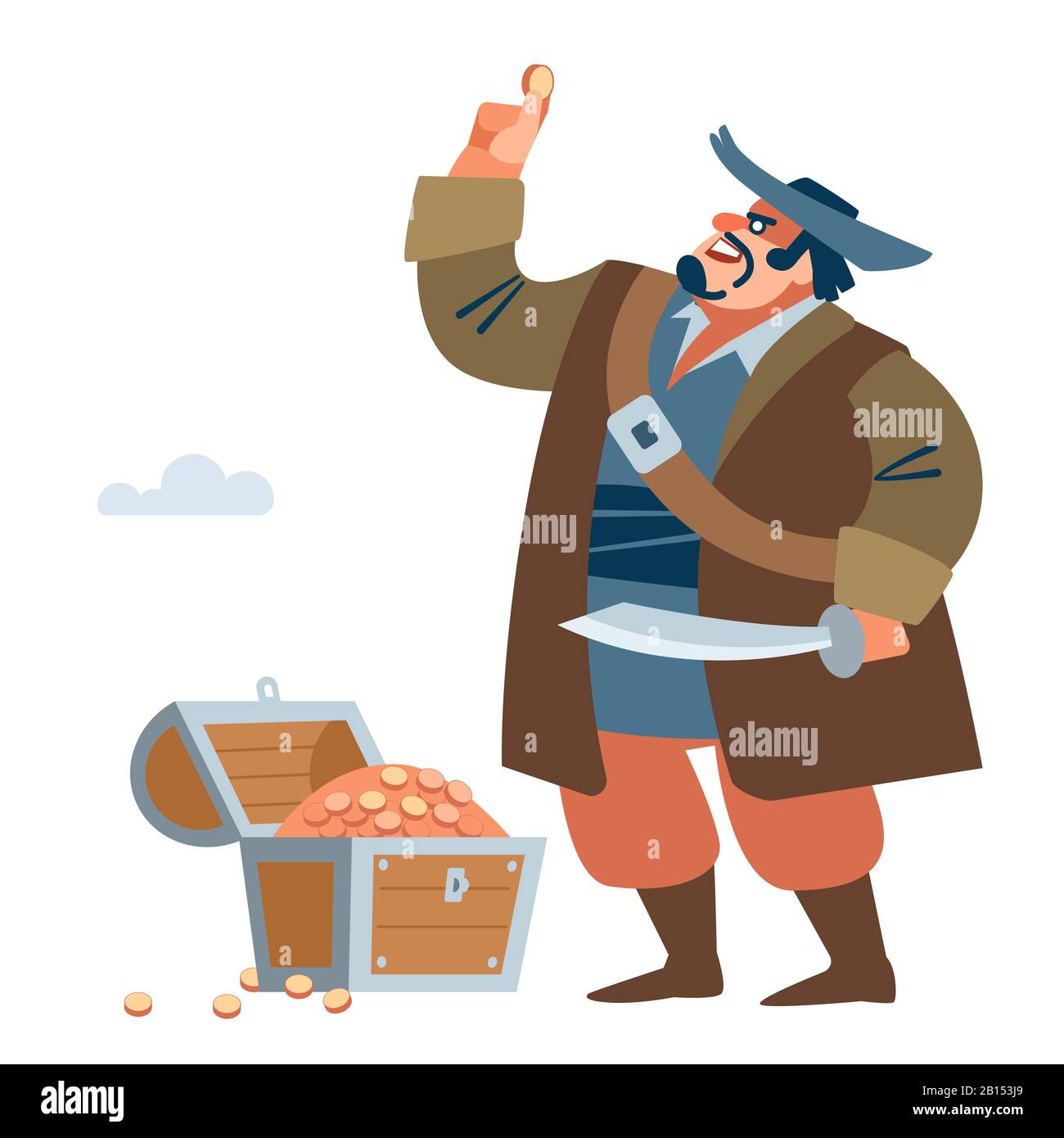 Pirate finally reached the goal. Found a treasure, a large chest of gold. Vector illustration of flat cartoon on white background. Stock Vector