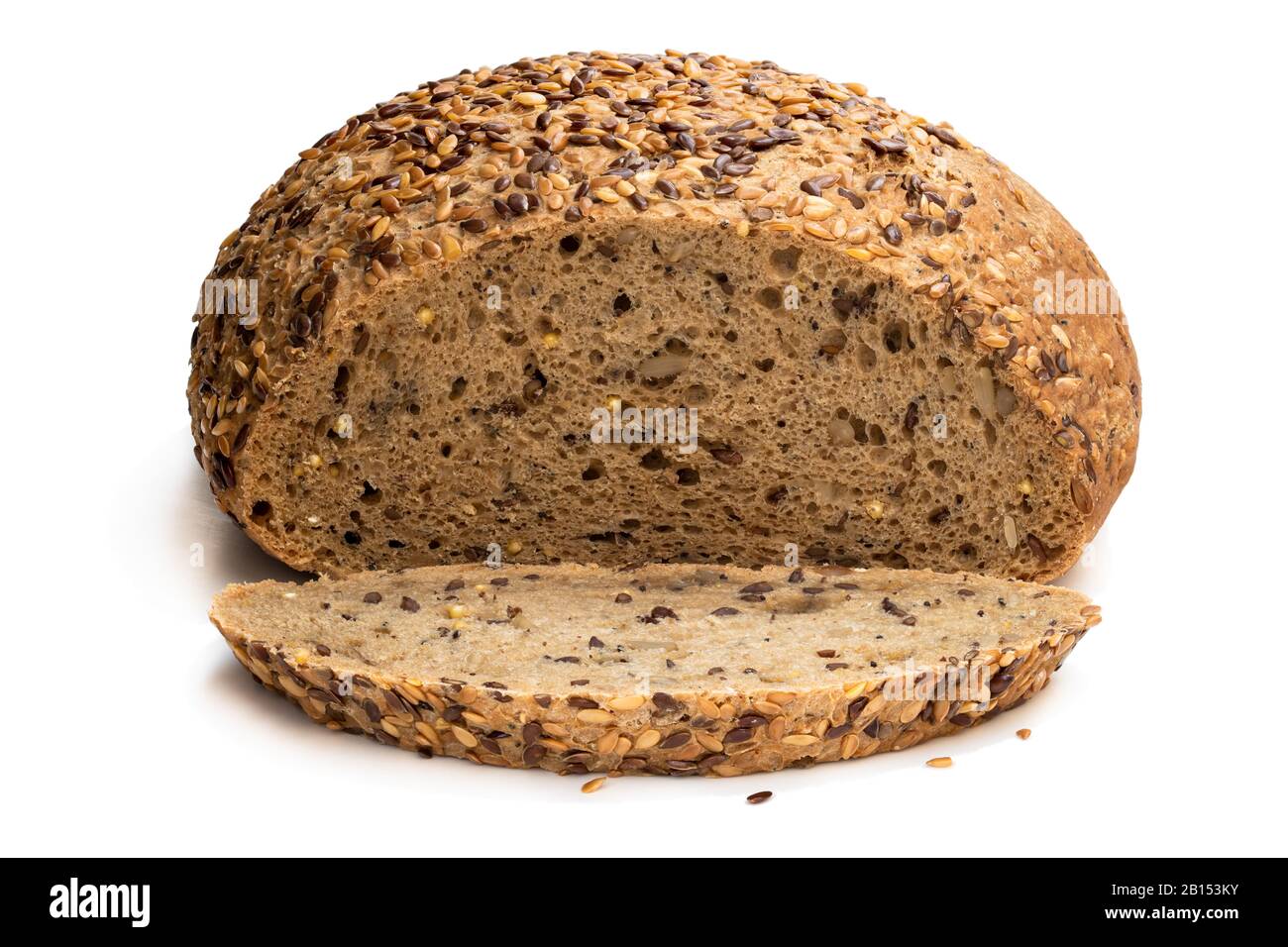 Gluten  free multi seed bread with linseed isolated on white Stock Photo
