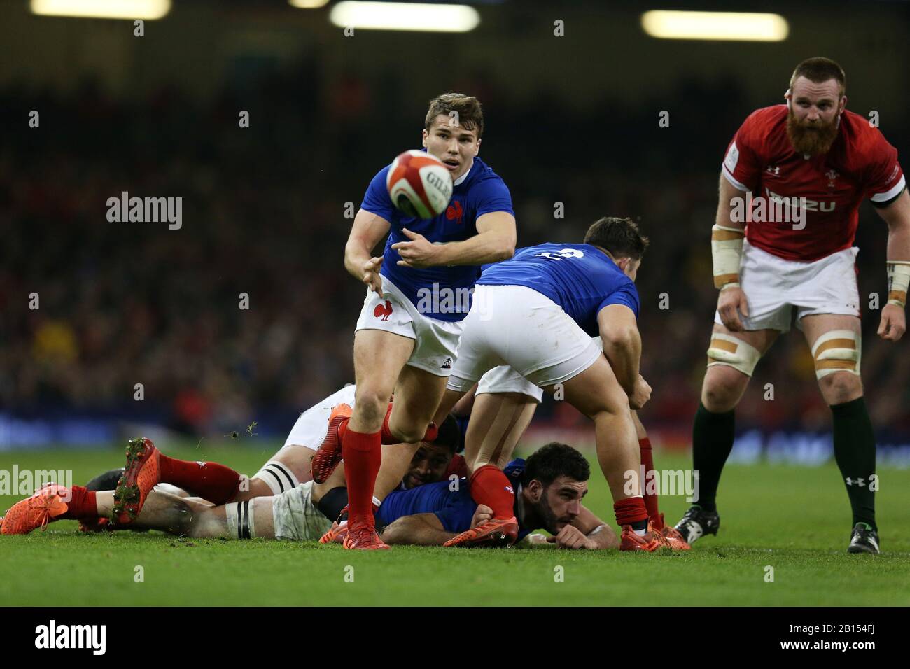 Cardiff, UK. 22nd Feb, 2020. Antoine Dupont of France in action. Wales v France, Guinness Six Nations championship 2020 international rugby match at the Principality Stadium in Cardiff, Wales, UK on Saturday 22nd February 2020. pic by Andrew Orchard/Alamy Live News PLEASE NOTE PICTURE AVAILABLE FOR EDITORIAL USE ONLY Stock Photo