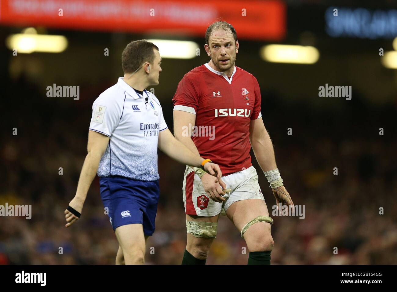 Alun Wyn Jones of Wales speaks to referee Matthew Carley. Wales v France, Guinness Six Nations championship 2020 international rugby match at the Principality Stadium in Cardiff ,Wales , UK on Saturday 22nd February 2020.   pic by Andrew Orchard/Alamy Live News  PLEASE NOTE PICTURE AVAILABLE FOR EDITORIAL USE ONLY Stock Photo
