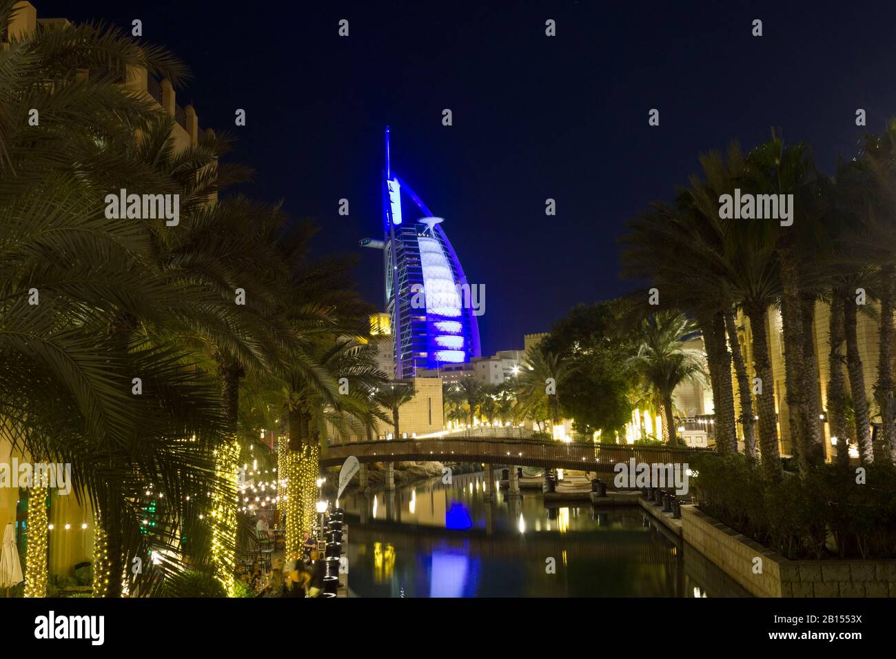 DUBAI, UAE - DECEMBER 29 2017: Night view of Burj al Arab from Madinat souq Stock Photo