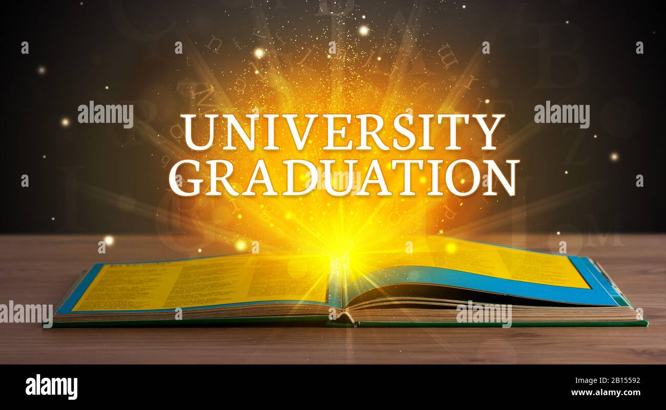 UNIVERSITY GRADUATION inscription coming out from an open book ...