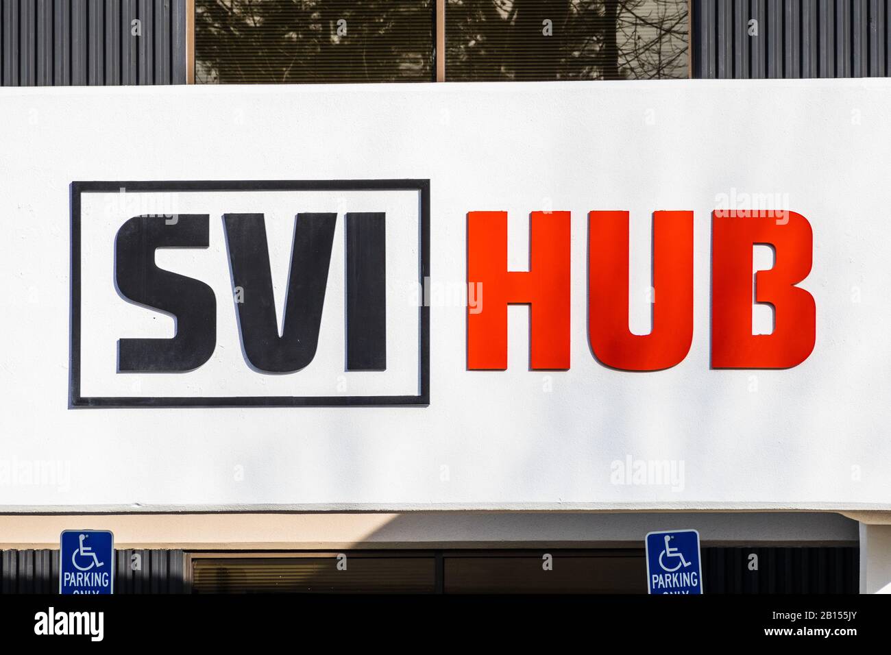 Feb 20, 2020 Santa Clara / CA / USA - Close up of SVI Hub logo, a company offering coworking space, virtual office, private/dedicated desks and privat Stock Photo