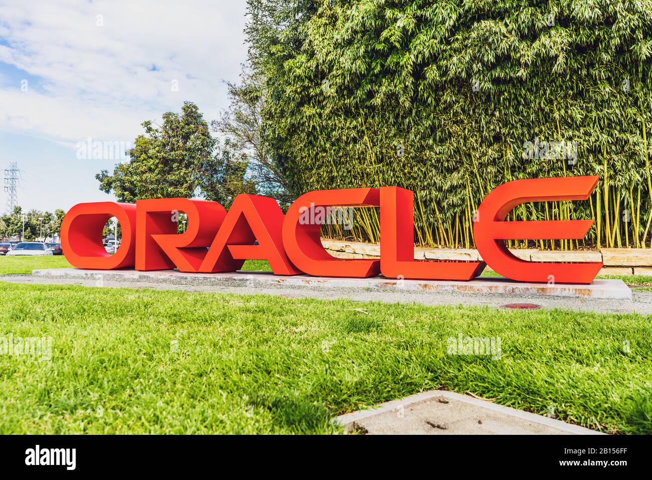 Feb 21, 2020 Redwood City / CA / USA - Oracle logo at their headquarters in Silicon Valley; Oracle Corporation is a global computer technology company Stock Photo