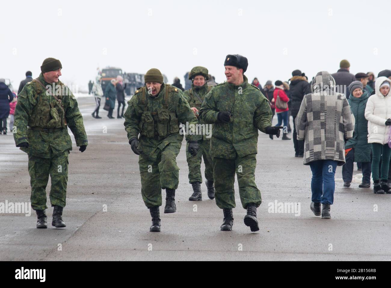 February 23, 2020. Ukraine, Lugansk region. Servicemen of armed forces of self-proclaimed Lugansk People's Republic (LPR), local residents and military equipment during the celebration of Defender of the Fatherland Day in the Patriot Park on the territory of the former Lugansk Airport. Stock Photo
