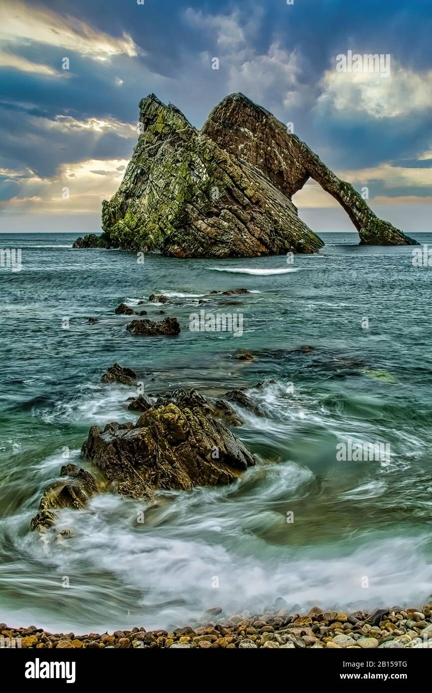 Bow Fiddle Rock sea arch, Scotland. Stock Photo