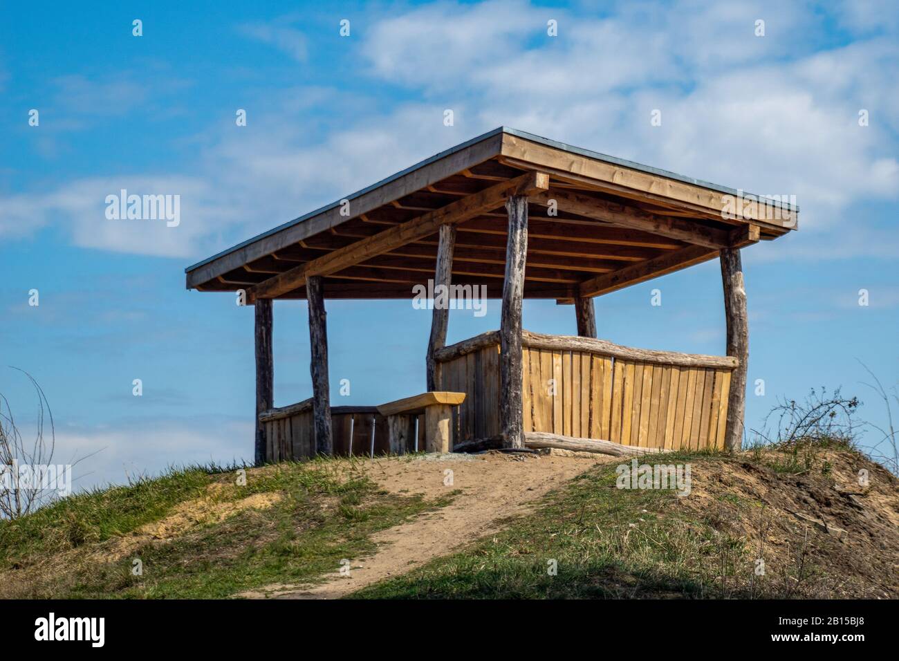 The new wildlife observation hut at nature reserve Schoenower Heide in Brandenburg, Germany Stock Photo