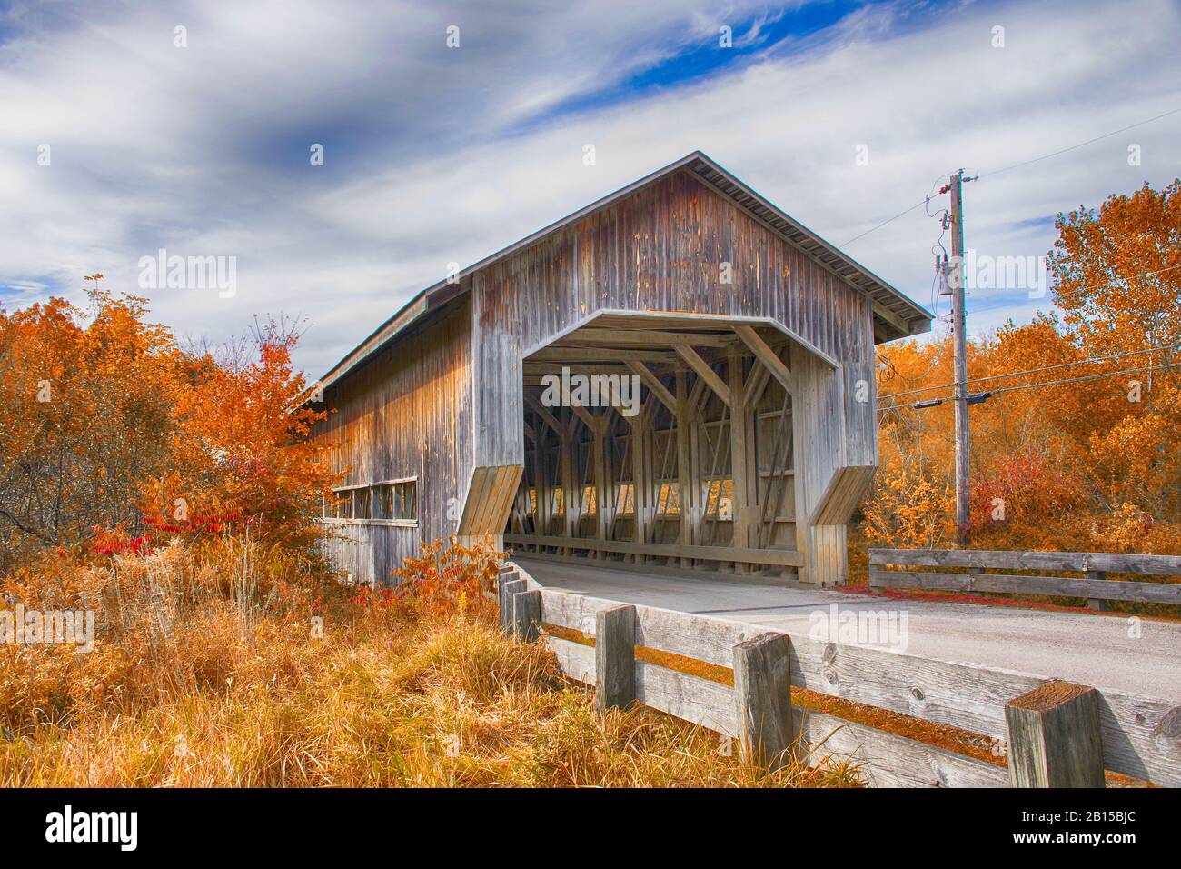 Fall Image of Caine Road Covered Bridge Stock Photo